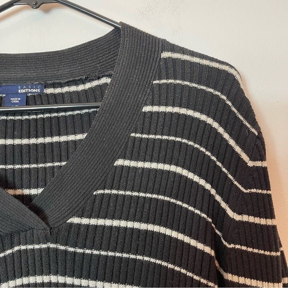 Basic Editions Strip V Neck Long Sleeve Sweater Sz L - Picture 3 of 10